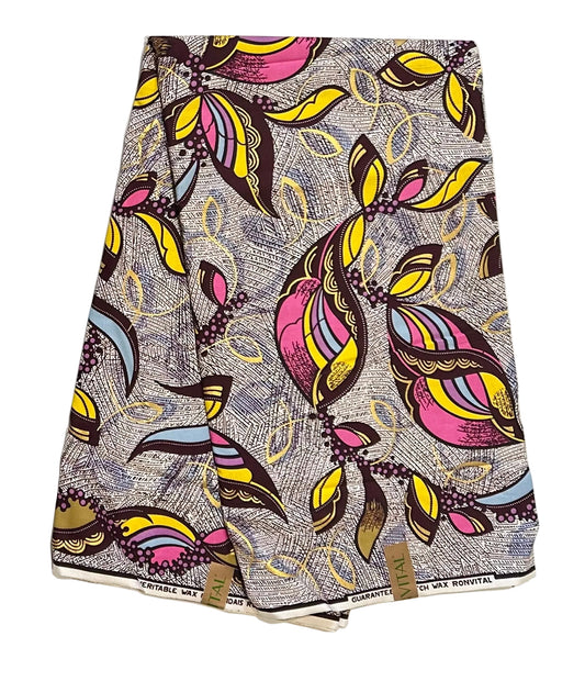 African Print Fabric/ Ankara - Pink, Yellow, Purple, Cream, Brown, Shimmering Gold 'Everyday Grace’, Yard or Wholesale