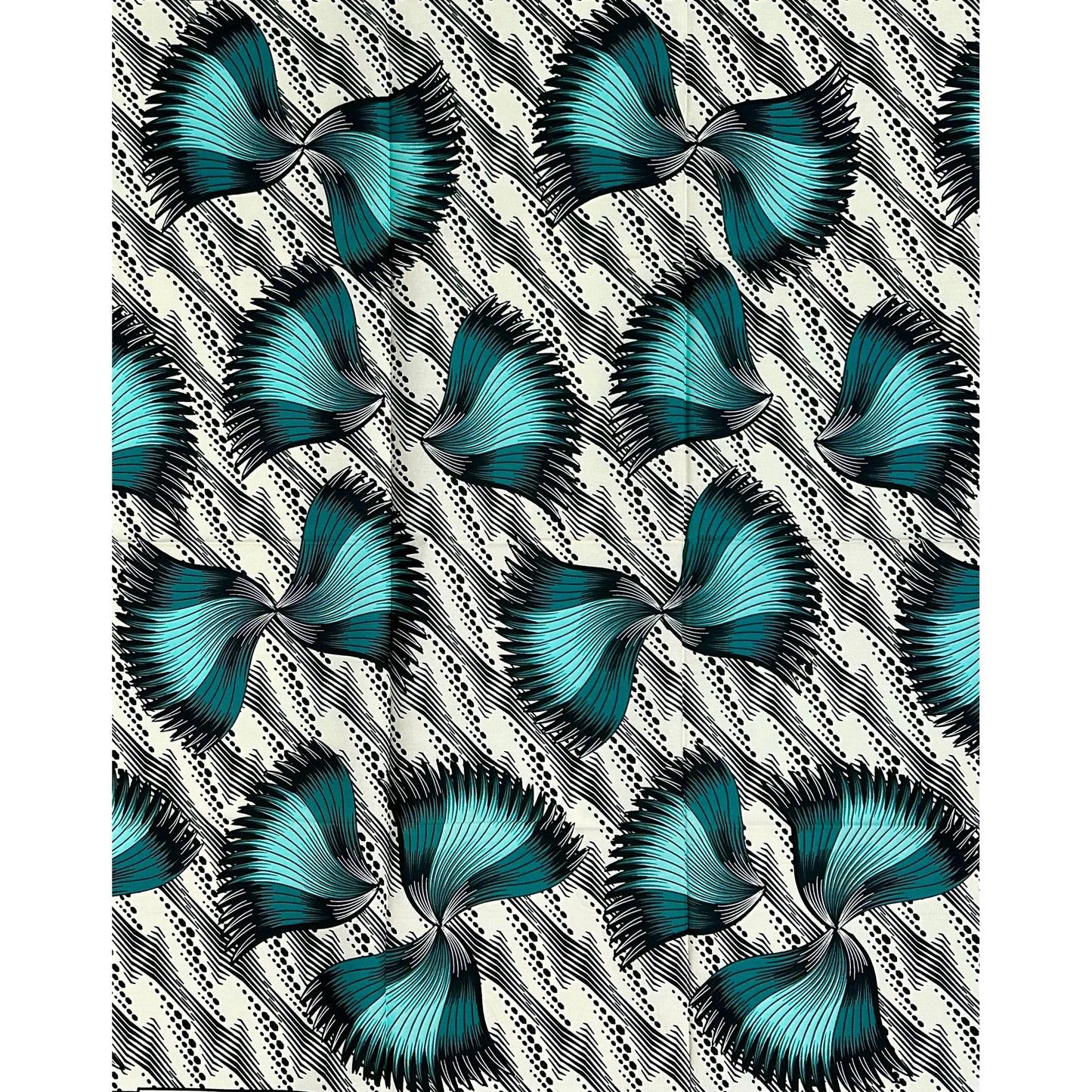 African Print Fabric/Ankara - Cream, Teal, Blue “Ayé Wings" Design, 1 Yard