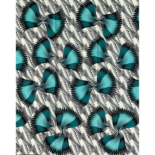 African Print Fabric/Ankara - Cream, Teal, Blue “Ayé Wings" Design, 1 Yard