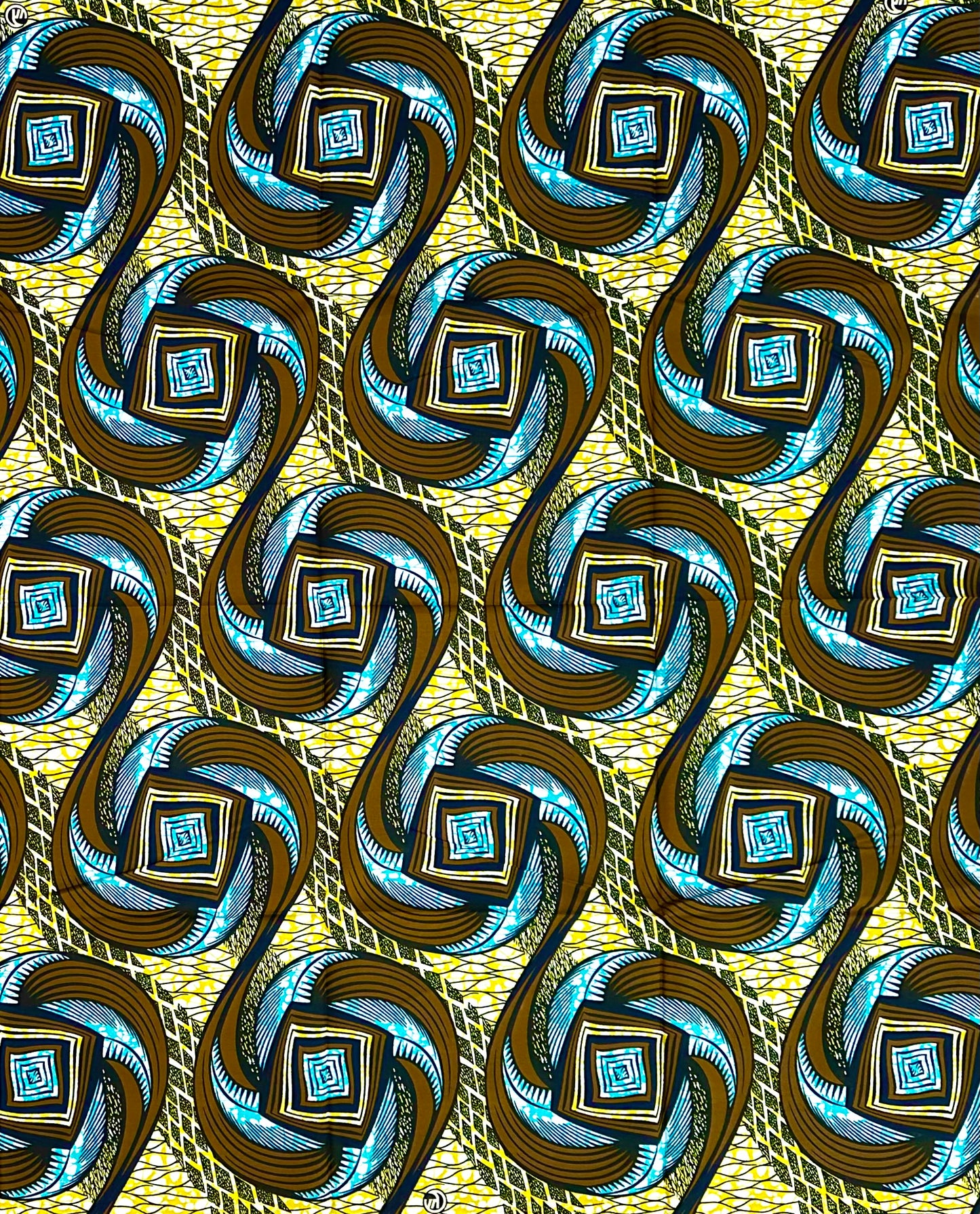 African Print Fabric/ Ankara - Brown, Yellow, Blue ‘Gullah Twist' Design, 1 YARD