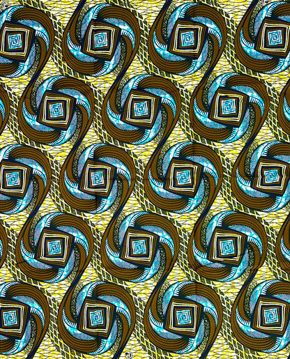 African Print Fabric/ Ankara - Brown, Yellow, Blue ‘Gullah Twist' Design, 1 YARD