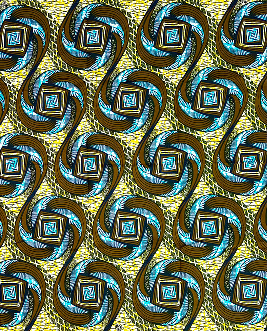 African Print Fabric/ Ankara - Brown, Yellow, Blue ‘Gullah Twist' Design, 1 YARD