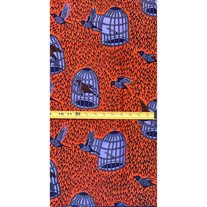African Print Fabric/ Ankara - Orange, Purple, Navy 'I Know Why The Caged Bird Sings' Design, YARD or WHOLESALE