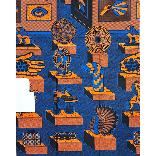 African Print Fabric/ Ankara - Blue, Orange 'Cultural Artifacts' 11/12ths YARD
