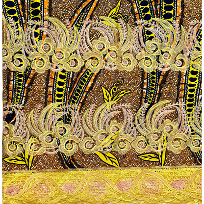 African Print Lace Fabric/ Ankara - Yellow, Orange, Navy 'Iyahen Swirl', Yard or Wholesale