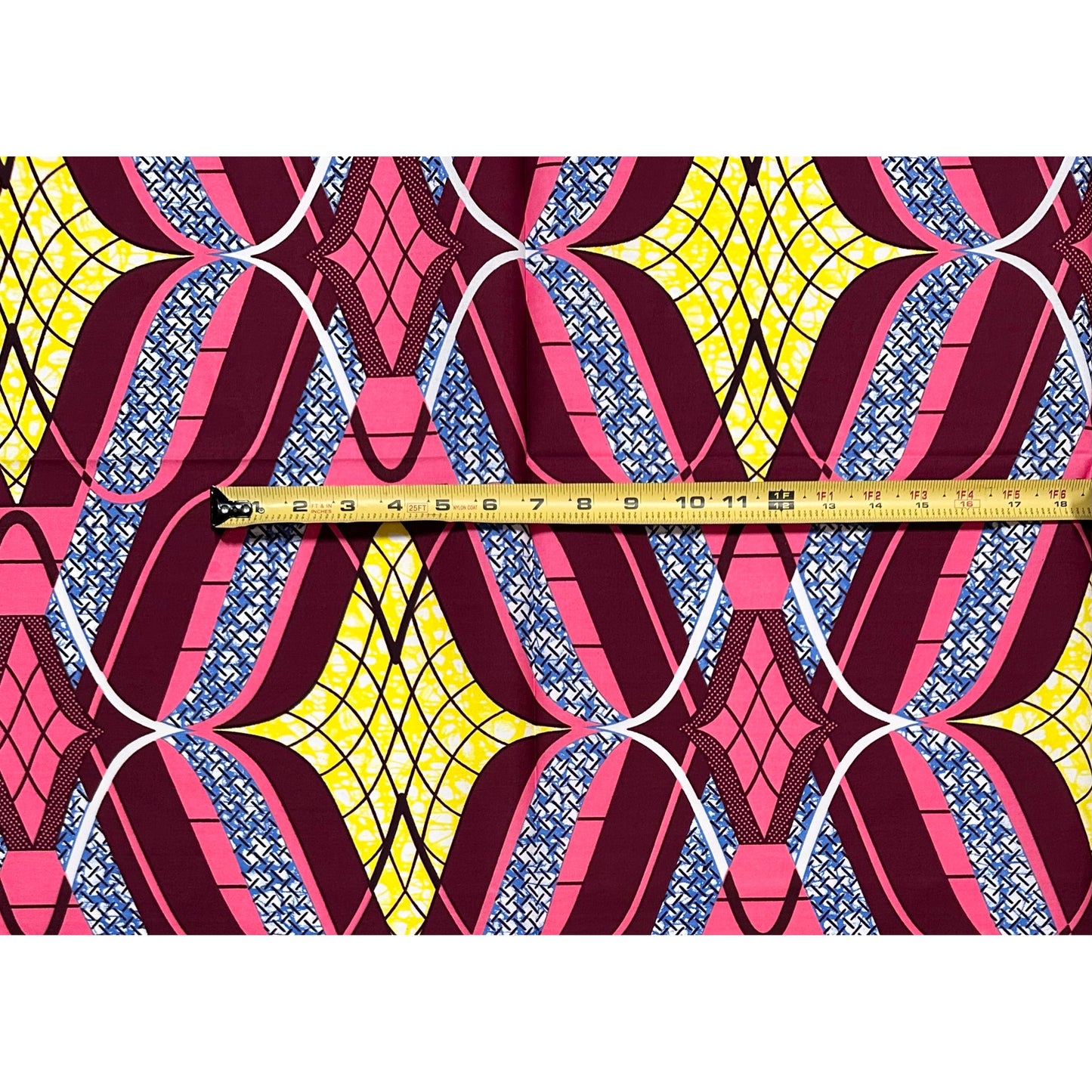 African Print Fabric/ Ankara - Pink, Blue, Yellow, Burgundy 'Bamoun Decoy,' 1 YARD