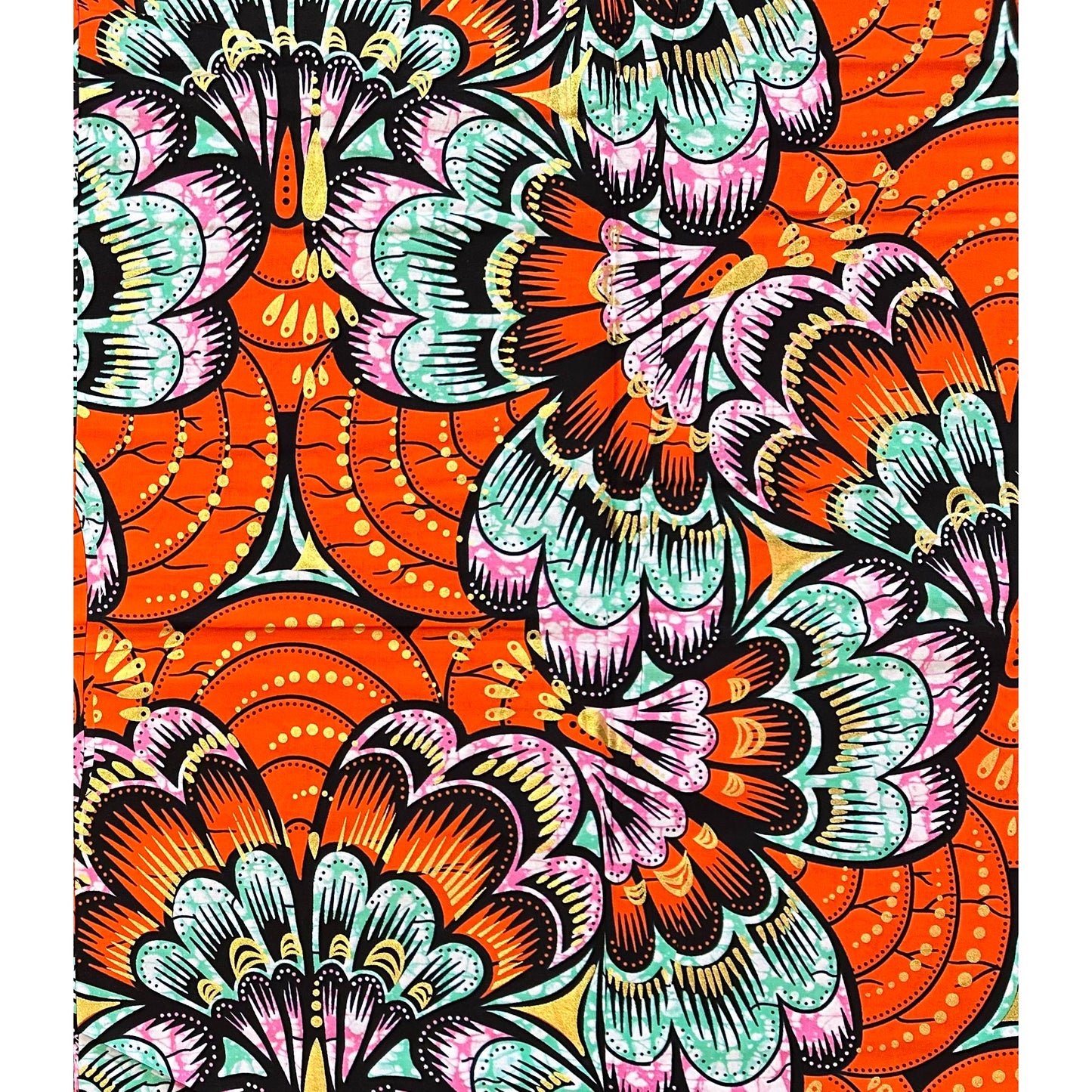 African Print Fabric/ Ankara - Orange, Turquoise, Pink, Shimmering Gold 'Festival of Fireflowers’ YARD or WHOLESALE