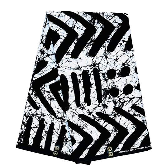 African Print Fabric/ Ankara - White, Black 'Zulu Mark', YARD or WHOLESALE