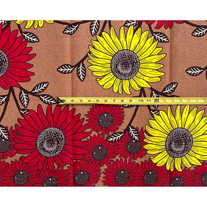 African Print Fabric/ Ankara - Brown, Red, Yellow 'Sango Blooms', 1 YARD