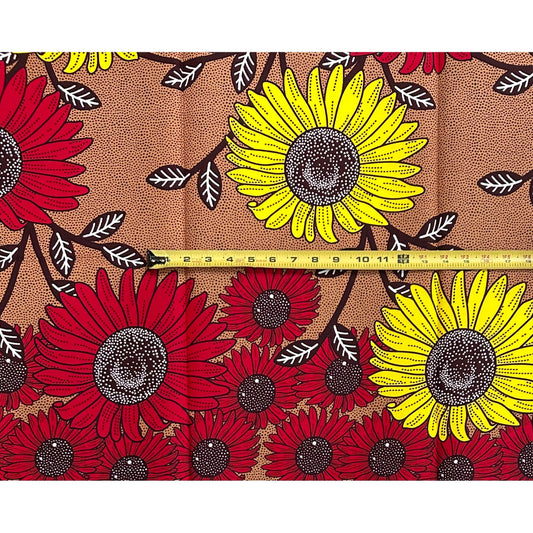 African Print Fabric/ Ankara - Brown, Red, Yellow 'Sango Blooms', 1 YARD