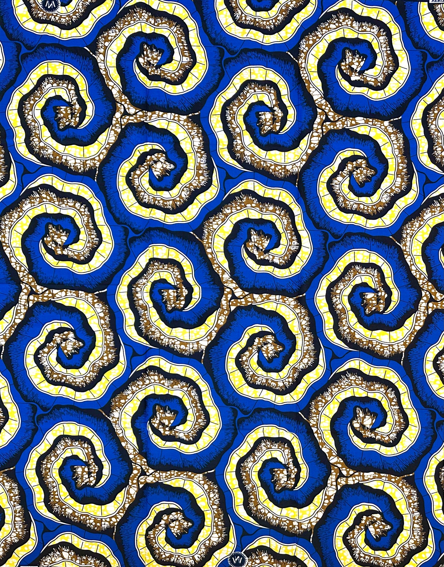 African Print Fabric/ Ankara - Blue, Yellow, Brown 'Mafi Spiral', 1 YARD