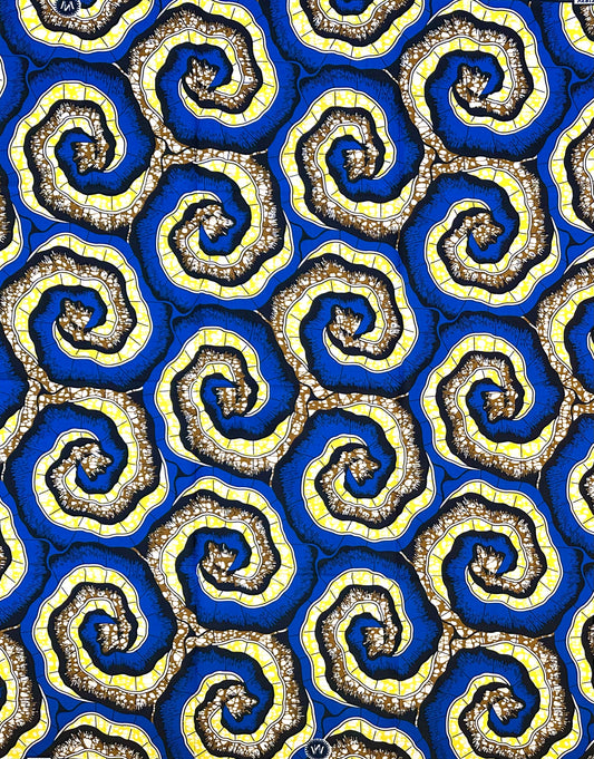 African Print Fabric/ Ankara - Blue, Yellow, Brown 'Mafi Spiral', 1 YARD