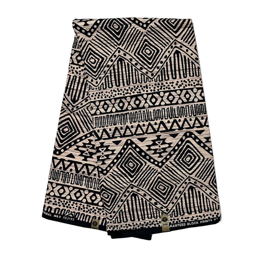African Print Fabric/ Ankara - Beige, Black 'Essential Story’, YARD or WHOLESALE