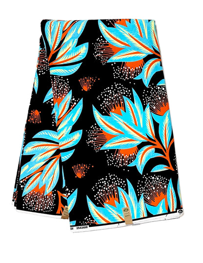 African Print Fabric/Ankara - Black, Blue, Orange, Yellow ‘Sky Beneath Leaves' Design, YARD or WHOLESALE