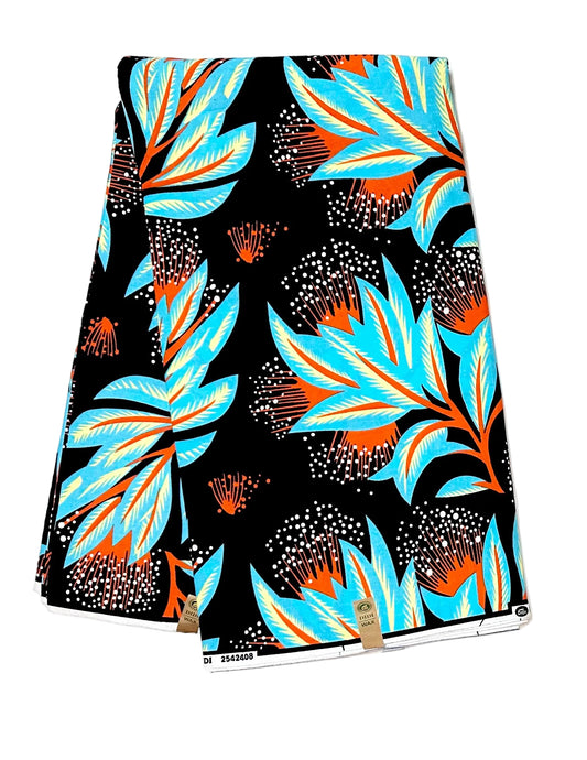 African Print Fabric/Ankara - Black, Blue, Orange, Yellow ‘Sky Beneath Leaves' Design, YARD or WHOLESALE