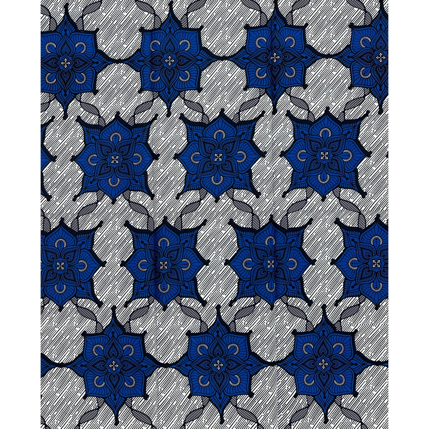 African Print Fabric/Ankara - Blue, White "Indigo Lotus" Design