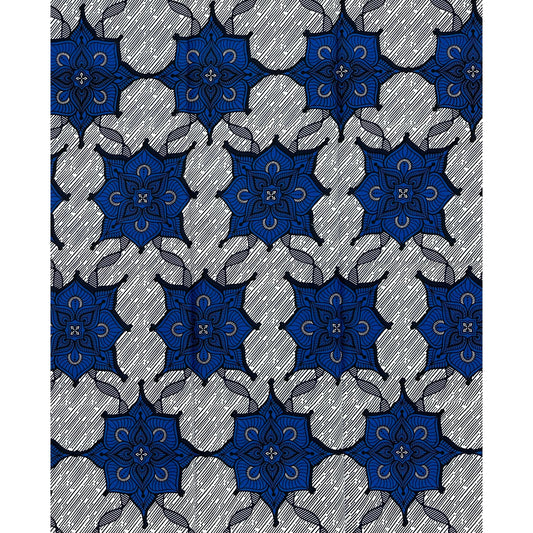 African Print Fabric/Ankara - Blue, White "Indigo Lotus" Design