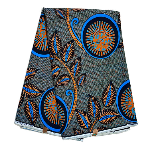 African Print Fabric/Ankara - Shades of Blue, Orange ‘Nkiru Coil' Design, YARD or WHOLESALE