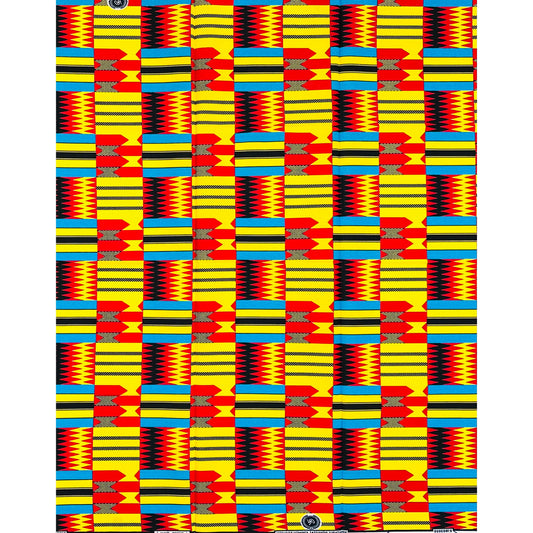 African Print Fabric/Ankara - Red, Yellow, Blue "Asanteman Grid" Kente, 1 Yard