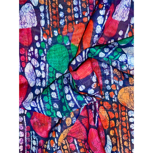 African Print, Chiffon Fabric - Fuchsia, Green, Orange, Navy "Beauty of Mandla", ~2 Yards