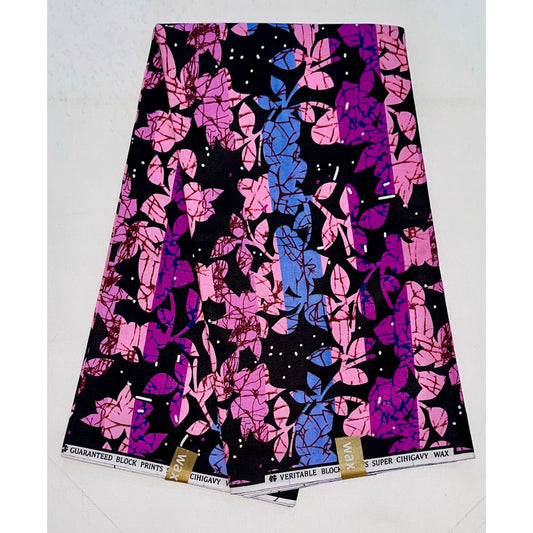 African Print Fabric/Ankara - Pink, Purple, Periwinkle, Black "Feminine Nora" Design, Yard or Wholesale