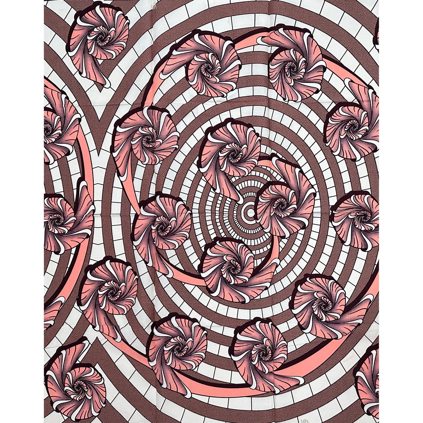 African Print Fabric/Ankara - Pink, Brown "Rosé Spiral" Design, 1 Yard