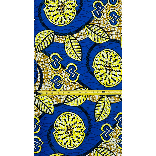 African Print Fabric/ Ankara - Blue, Brown, Yellow 'Lemon Leaf Lagoon'