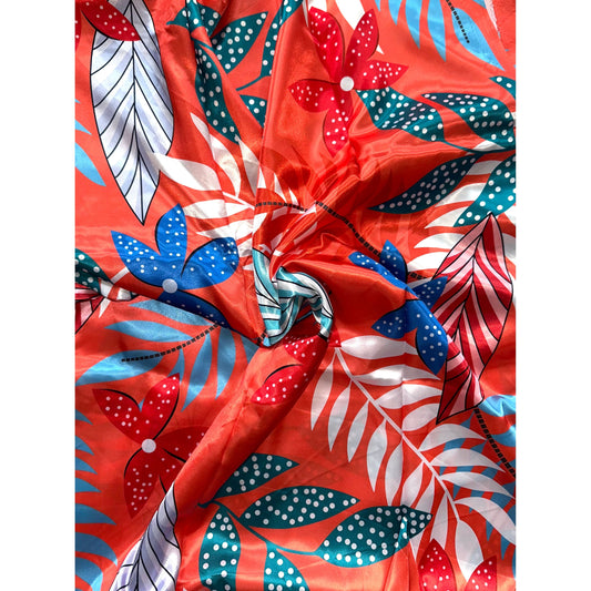 African Print, Satin Fabric - Dark Salmon, Blue, Teal "Athilah’s Garden", Per Yard or Wholesale