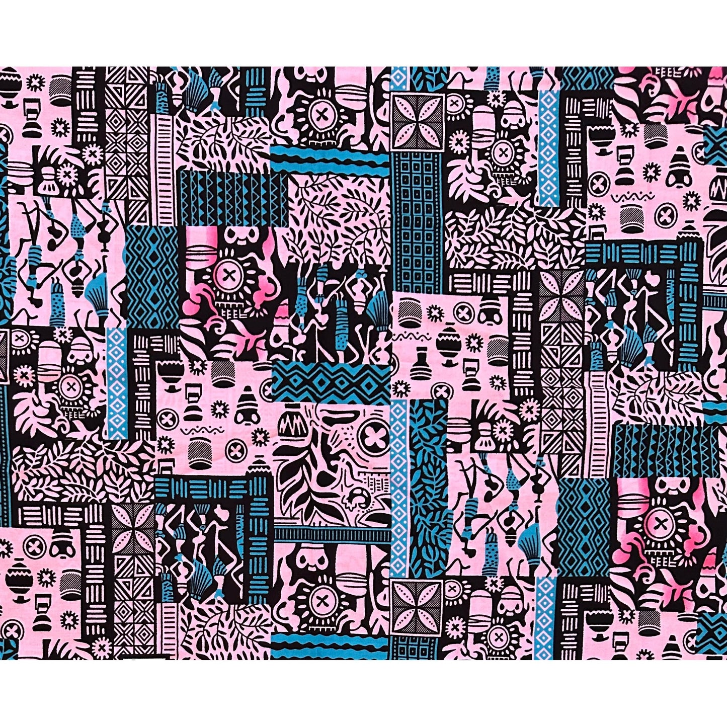 African Print Fabric/ Ankara - Pink, Blue, Black 'Postcards from Bamako' Design, YARD or WHOLESALE