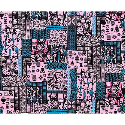 African Print Fabric/ Ankara - Pink, Blue, Black 'Postcards from Bamako' Design, YARD or WHOLESALE