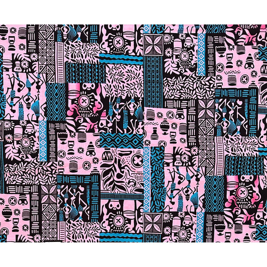 African Print Fabric/ Ankara - Pink, Blue, Black 'Postcards from Bamako' Design, YARD or WHOLESALE