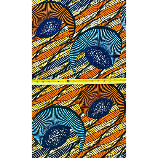African Print Fabric/ Ankara - Orange, Navy, Gray 'Solar Oriki,’ 1 YARD