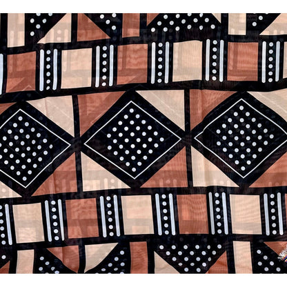 African Print, Chiffon Fabric - Black, Brown, Beige "Soro Soke", ~2 Yards