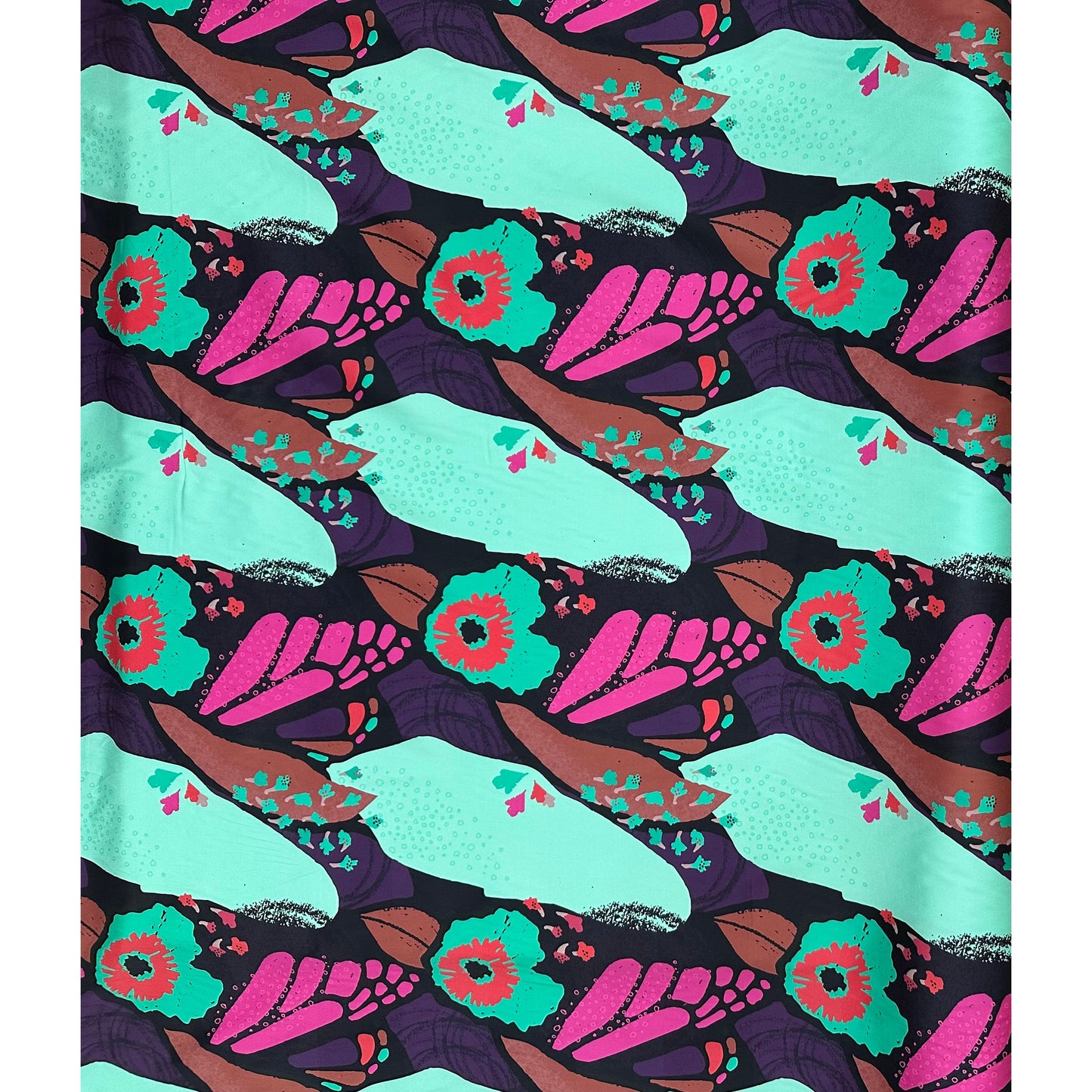 African Print, Stretch Cotton Satin Fabric- Turquoise, Magenta, Purple, Red, Brown "Sweet Thistle", Per Yard
