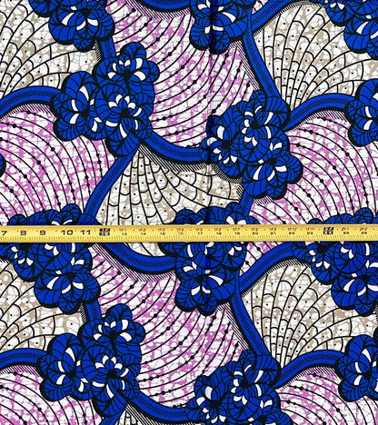 African Print Fabric/ Ankara - Blue, Purple, Taupe 'Owambe Network', 1 Yard