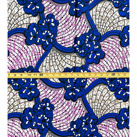 African Print Fabric/ Ankara - Blue, Purple, Taupe 'Owambe Network', 1 Yard