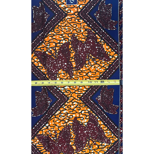 African Print Fabric/ Ankara - Brown, Orange, Blue "Butterfly Passage" Design, Yard