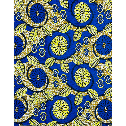 African Print Fabric/ Ankara - Blue, Brown, Yellow 'Lemon Leaf Lagoon'