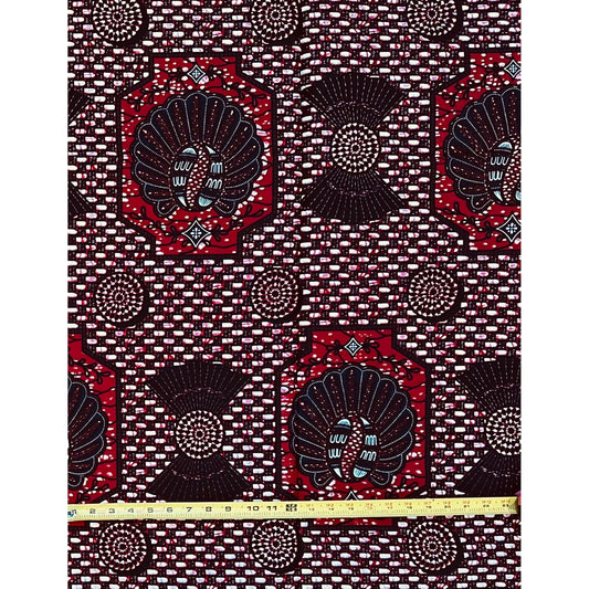 African Print Fabric/ Ankara - Dark Red, Blue 'Afia Mmiensa,' YARD
