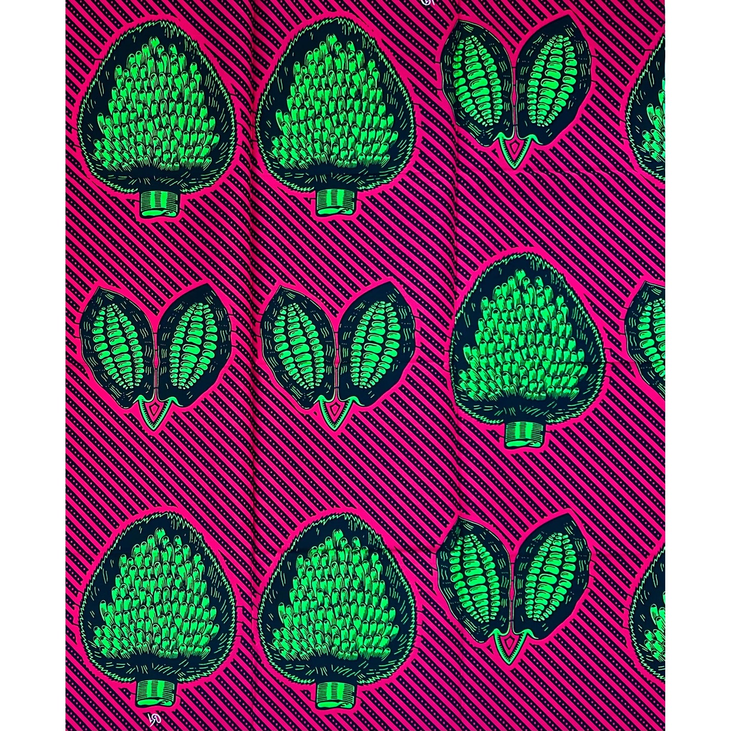 African Print Fabric/Ankara - Pink, Green, Black "Heart of Palm Fruit" Design, YARD