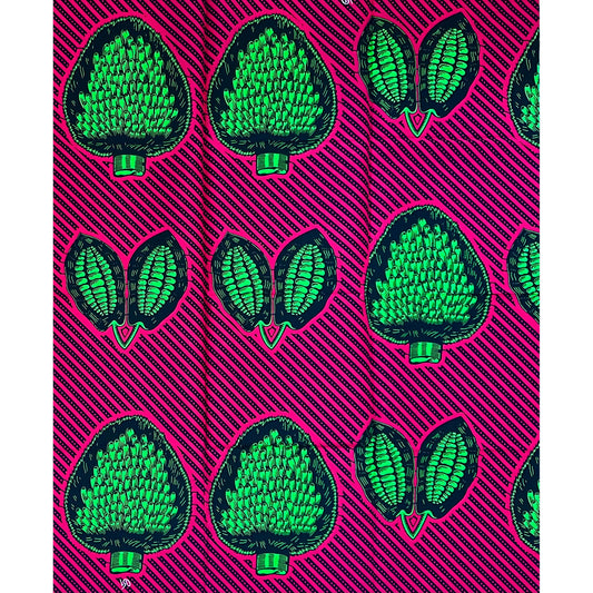 African Print Fabric/Ankara - Pink, Green, Black "Heart of Palm Fruit" Design, YARD