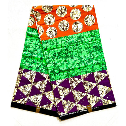African Print Fabric/Ankara - Orange, Green, Brown, Purple ‘Buchi Bam' Design, YARD or WHOLESALE