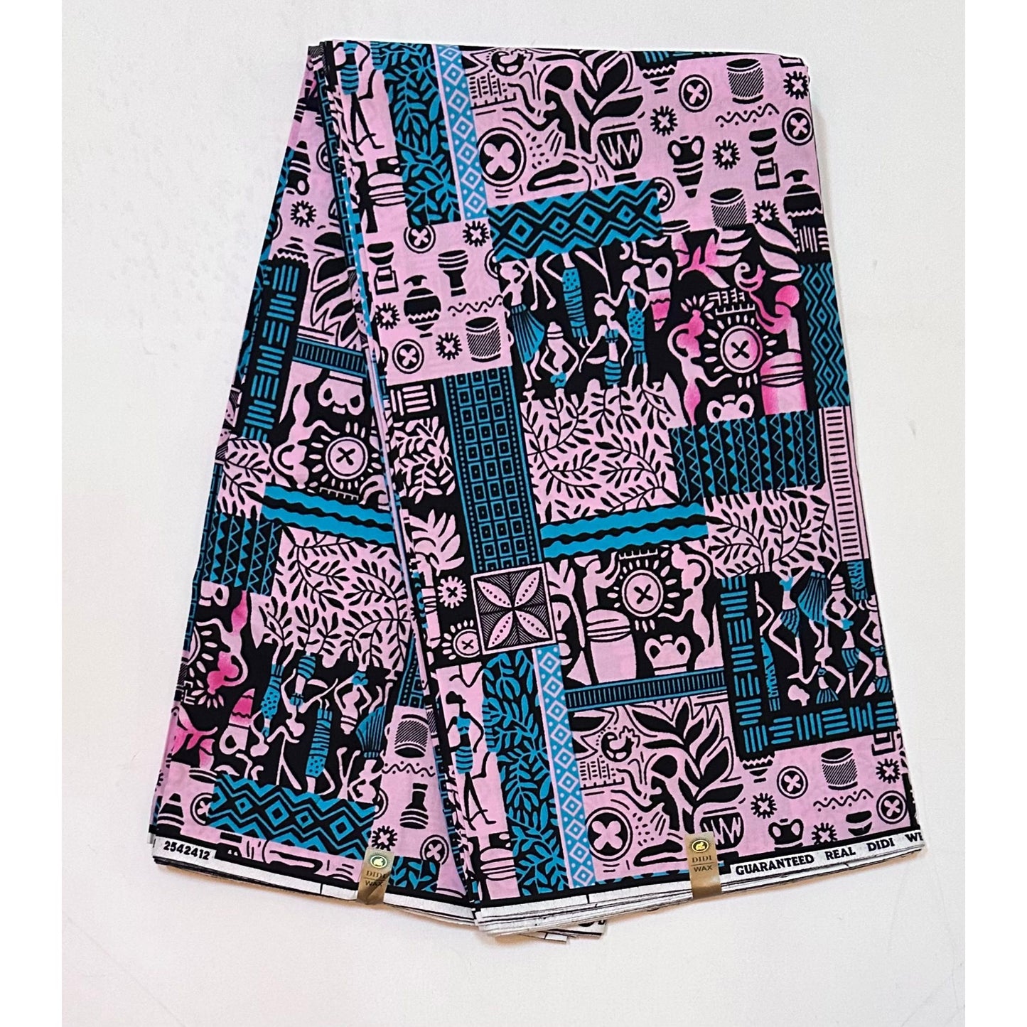 African Print Fabric/ Ankara - Pink, Blue, Black 'Postcards from Bamako' Design, YARD or WHOLESALE