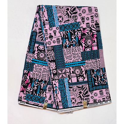 African Print Fabric/ Ankara - Pink, Blue, Black 'Postcards from Bamako' Design, YARD or WHOLESALE