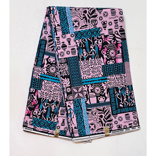African Print Fabric/ Ankara - Pink, Blue, Black 'Postcards from Bamako' Design, YARD or WHOLESALE