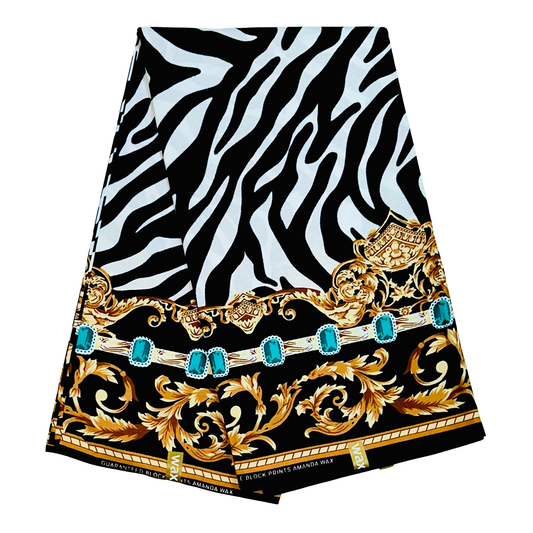 African Print Fabric/ Ankara - Black, White, Brown, Green 'Dynasty of Ife' Design, YARD or WHOLESALE