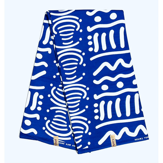 African Print Fabric/ Ankara - Blue, White 'Nuru Script', Per Yard or Wholesale