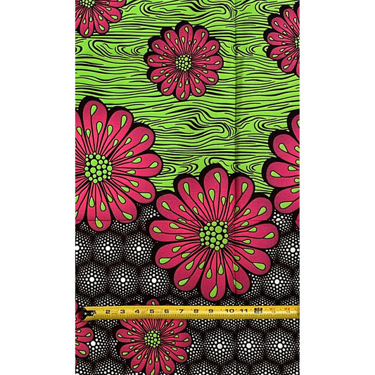 African Print Fabric/ Ankara - Brown, Green, Pink ‘Zoba Blossoms' Design, 1 YARD