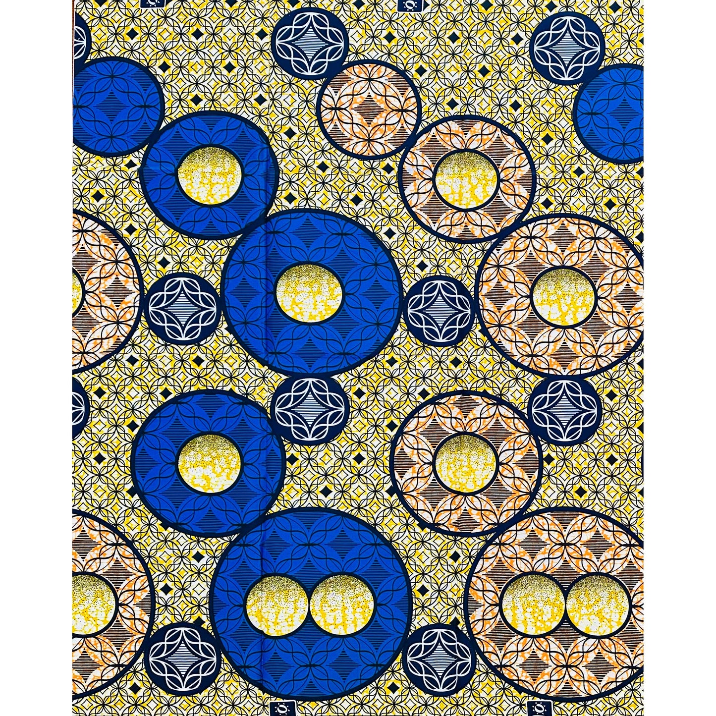 African Print Fabric/ Ankara - Blue, Yellow, Orange 'Life in Circles', YARD or WHOLESALE
