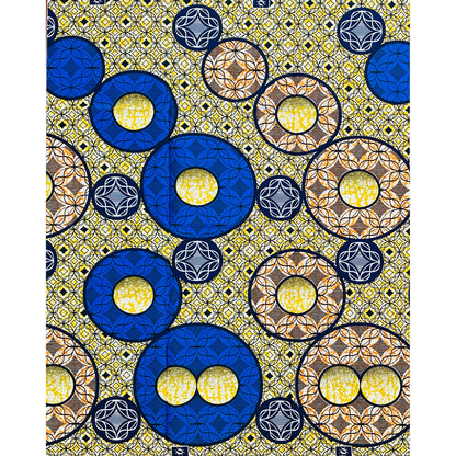 African Print Fabric/ Ankara - Blue, Yellow, Orange 'Life in Circles', YARD or WHOLESALE